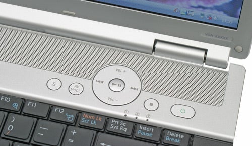 Close-up of Sony VAIO VGN-FZ11L laptop's keyboard and multimedia controls.
