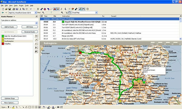 Screenshot of Microsoft Autoroute 2007 mapping route on computer.