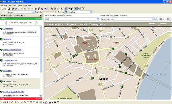 Screenshot of Microsoft Autoroute 2007 map navigation interface.