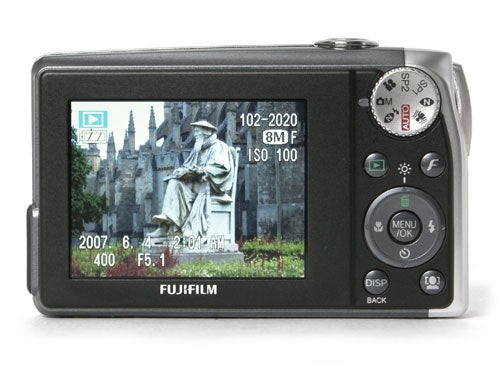 Fujifilm FinePix F40fd digital camera displaying a photo on-screen.