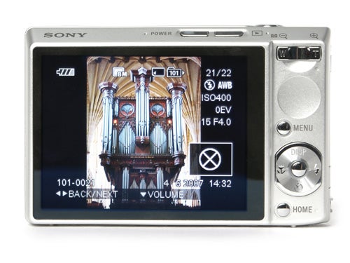 Sony Cyber-shot DSC-T100 camera displaying a photo on screen