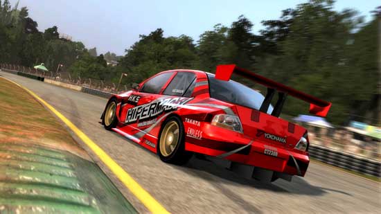 Red race car on track in Forza Motorsport 2 game.