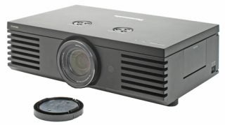 Panasonic PT-AE1000E 1080p projector with lens cap off.
