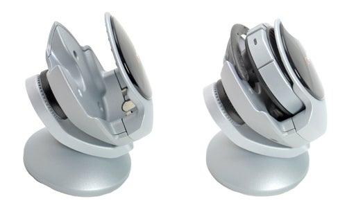 Qstik EVOQ Bluetooth Headset on display stand, viewed from two angles.