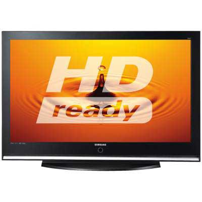 Samsung PS42Q97HDX plasma TV displaying HD ready screen.