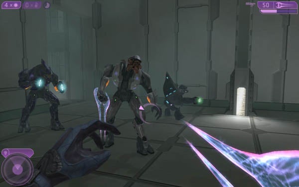 Screenshot of gameplay from Halo 2 showing character with energy sword.