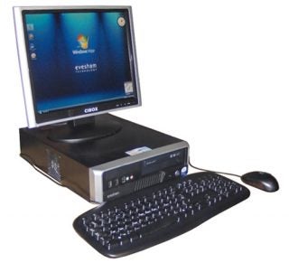 Evesham Prestige VP Plus computer with monitor, keyboard, and mouse.