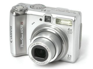 Canon PowerShot A570 IS digital camera on white background.