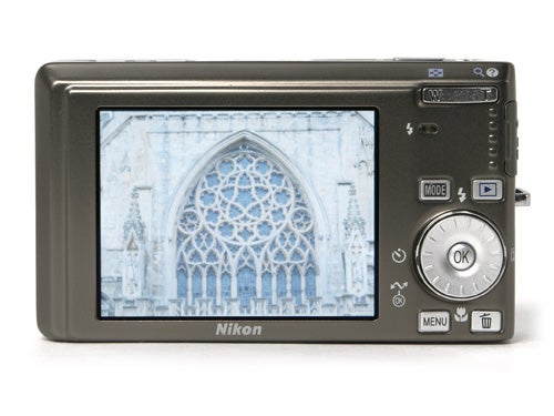 Nikon CoolPix S500 camera displaying a cathedral on its screen.