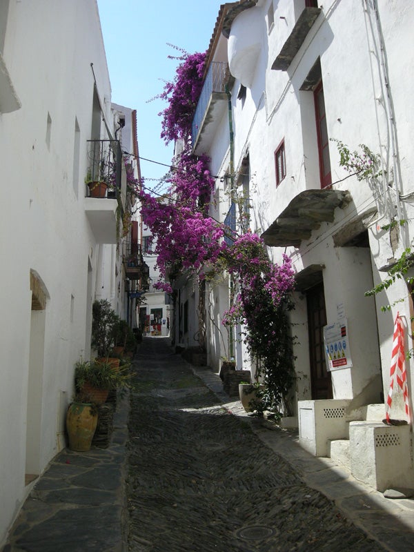 Narrow alley with white buildings and purple flowers in bloom.