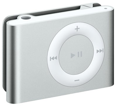 Silver Apple iPod Shuffle 1GB on white background.
