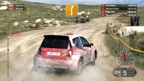 Screenshot of Colin McRae: DiRT gameplay with rally car racing.