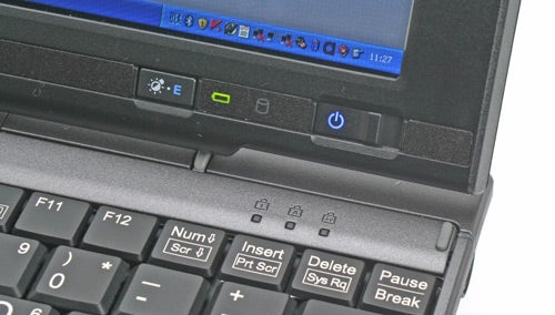 Close-up of Fujitsu-Siemens Lifebook P1610 keyboard and screen.