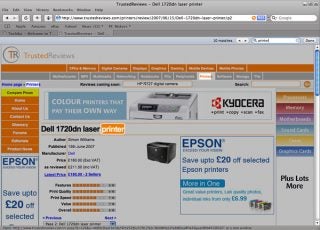Screenshot of a Dell 1720dn laser printer review on TrustedReviews website.