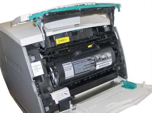 Open Lexmark T642 printer showing internal components.