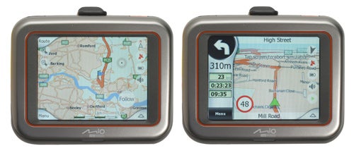 Mio DigiWalker C220 GPS devices displaying maps and directions.