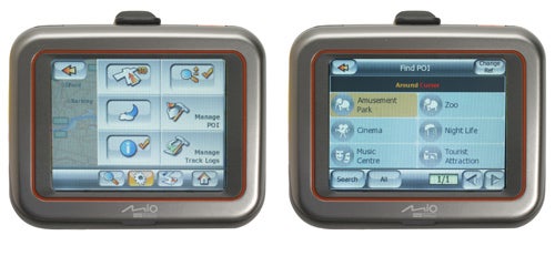 Mio DigiWalker C220 GPS navigation system with menu screens.