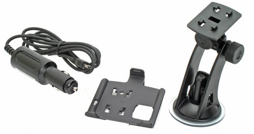 Mio DigiWalker C220 accessories including mount and charger.