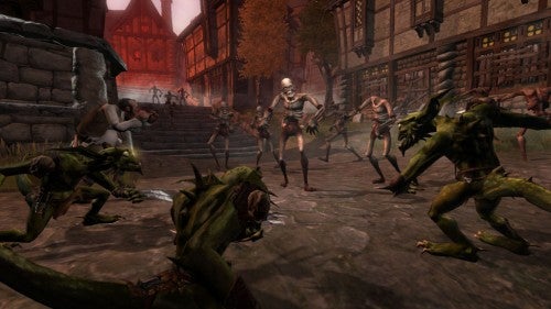 Screenshot from Overlord game showing character battling goblins.