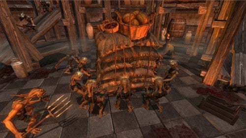 Screenshot of Overlord game showing minions carrying resources.
