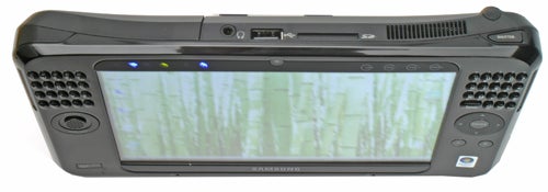 Samsung Q1 Ultra-Mobile PC with screen displaying bamboo.