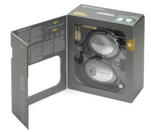 Sennheiser PXC 450 headphones packaging opened displaying headphones.
