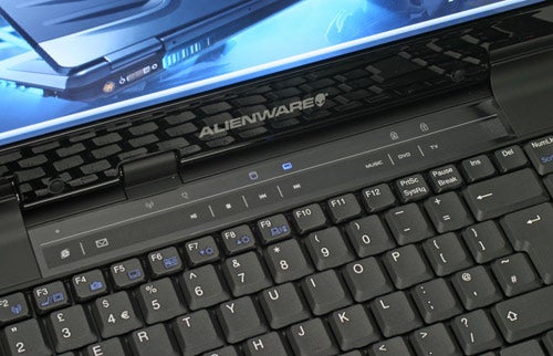 Alienware Area-51 m9750 laptop keyboard close-up with logo.