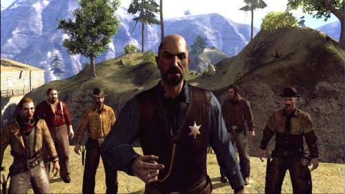 Screenshot from Call of Juarez game showing characters in Wild West setting.