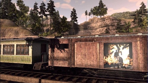 Screenshot of Call of Juarez game showing a burning train carriage.