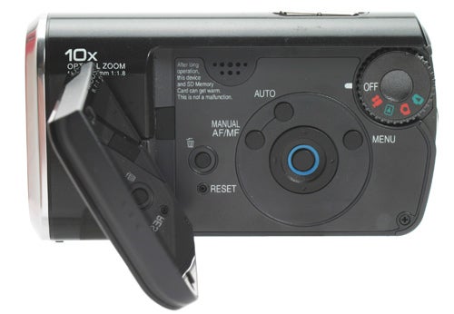 Panasonic SDR-S10 camcorder with open LCD screen.
