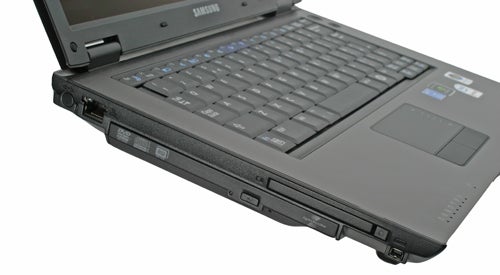 Samsung Q70 laptop side view showing ports and DVD drive.