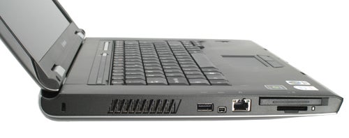 Side view of Lenovo 3000 N200 Notebook showing ports and DVD drive.