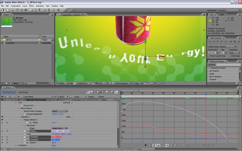 Adobe After Effects CS3 interface with animation graph.