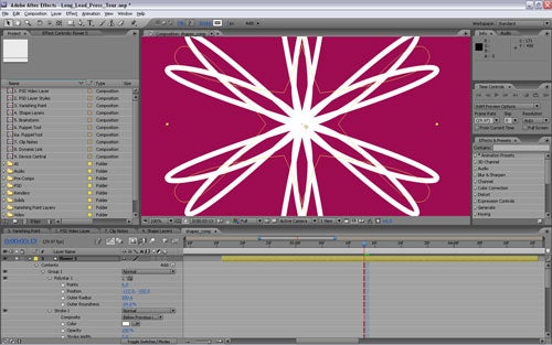 Adobe After Effects interface with white flower graphic on screen.