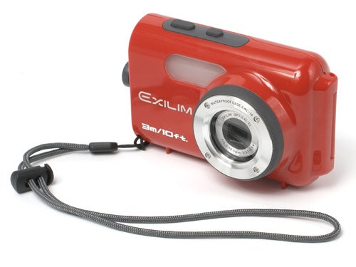 Casio Exilim EX-Z75 digital camera in red with strap.