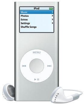 Apple iPod nano 4GB with earbuds on white background.