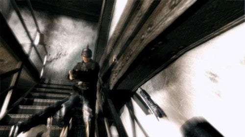 Screenshot from The Darkness game showing character ascending stairs.