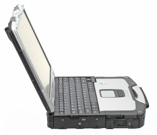 Panasonic ToughBook CF-30 rugged laptop open on white background.