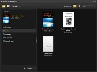 Screenshot of Adobe Digital Editions 1.0 interface with ebooks displayed.