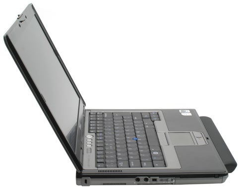Dell Latitude D630 laptop with open lid on white background.
