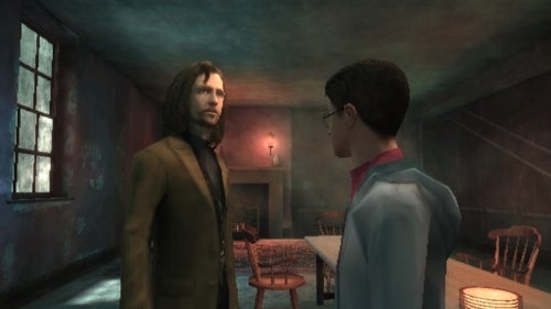 Video game screen of Harry Potter talking to Sirius Black.