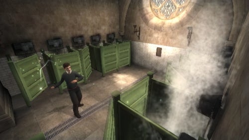 Harry Potter video game screenshot with character in a bathroom.
