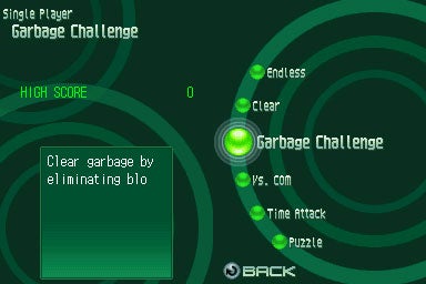Planet Puzzle League Garbage Challenge menu screen.