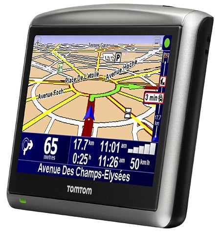 TomTom One XL Europe GPS navigator displaying a map.