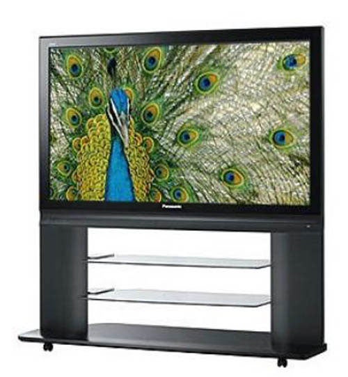 Panasonic TH-50PX70 plasma TV displaying peacock image.