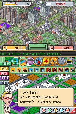 SimCity DS gameplay screenshot showing the city-building interface.
