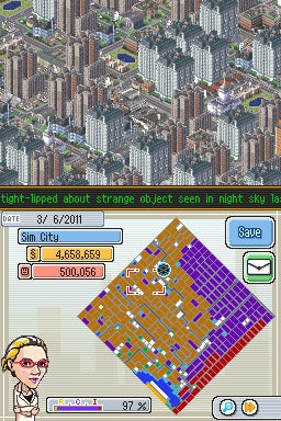 SimCity DS gameplay showing city management interface.