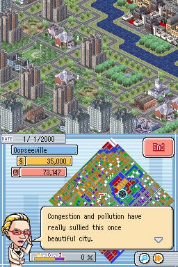 Screenshot of SimCity DS gameplay with advisor message.