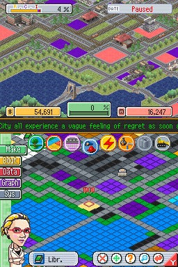Screenshot of SimCity DS gameplay with in-game menus.
