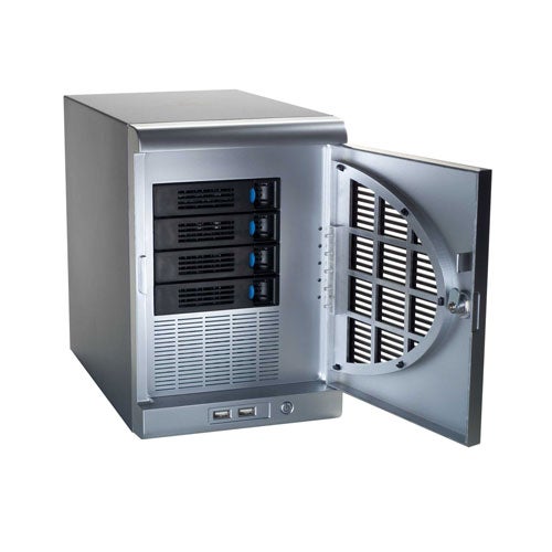 Iomega StorCenter Pro 150d with open front panel showing drives.